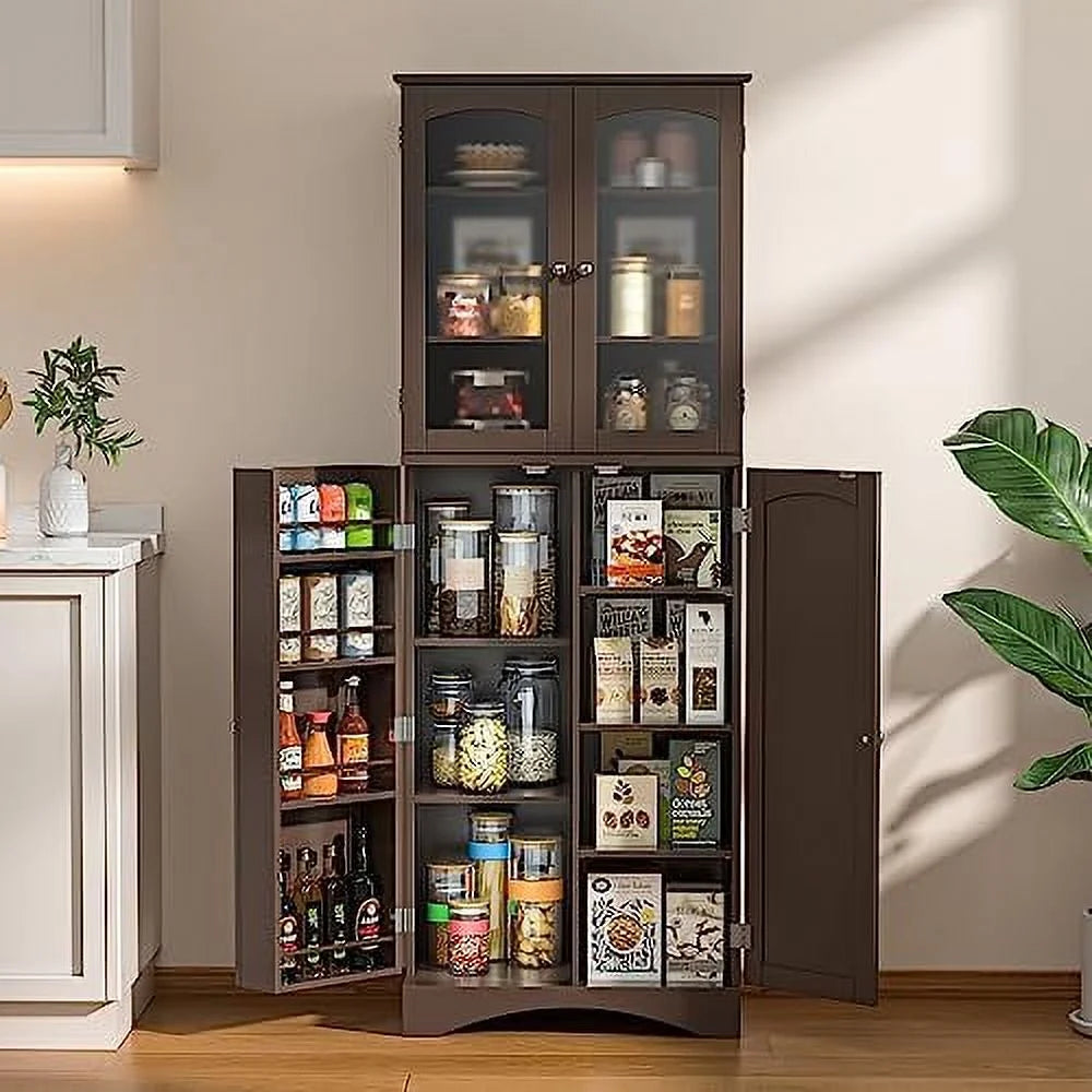 64" Kitchen Pantry Cabinet with Glass Doors and Adjustable Shelves L293