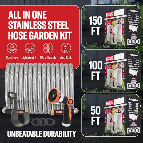 100 ft Stainless Steel Garden Hose Set with Spray Nozzle & Hook V66781