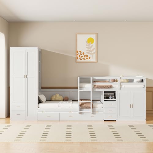 White Twin Over Twin Wood Bunk Bed with Trundle Q2516