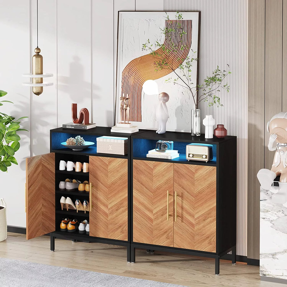 Brown 5-Tier Shoe Cabinet with Doors and Shelves J6505