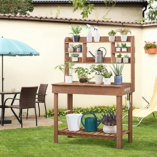 Brown Potting Bench Table with Storage Shelf F742718