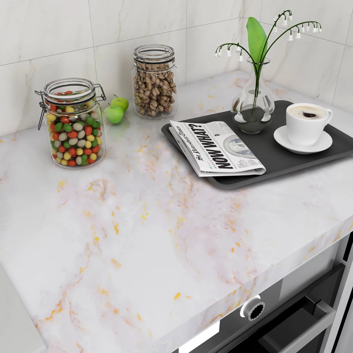 24"x160" White Gold Marble Peel and Stick Contact Paper A45042