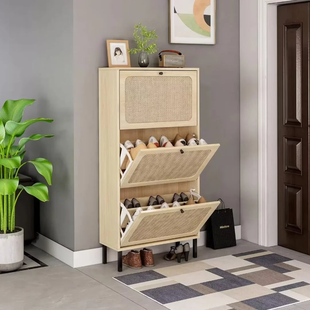3 Flip Drawer Rattan Shoe Cabinet with Adjustable Shelves T469