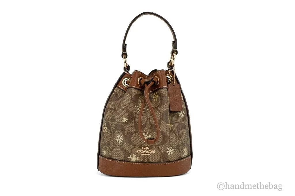 Khaki Snowflake Print Coated Canvas Bucket Bag F6807