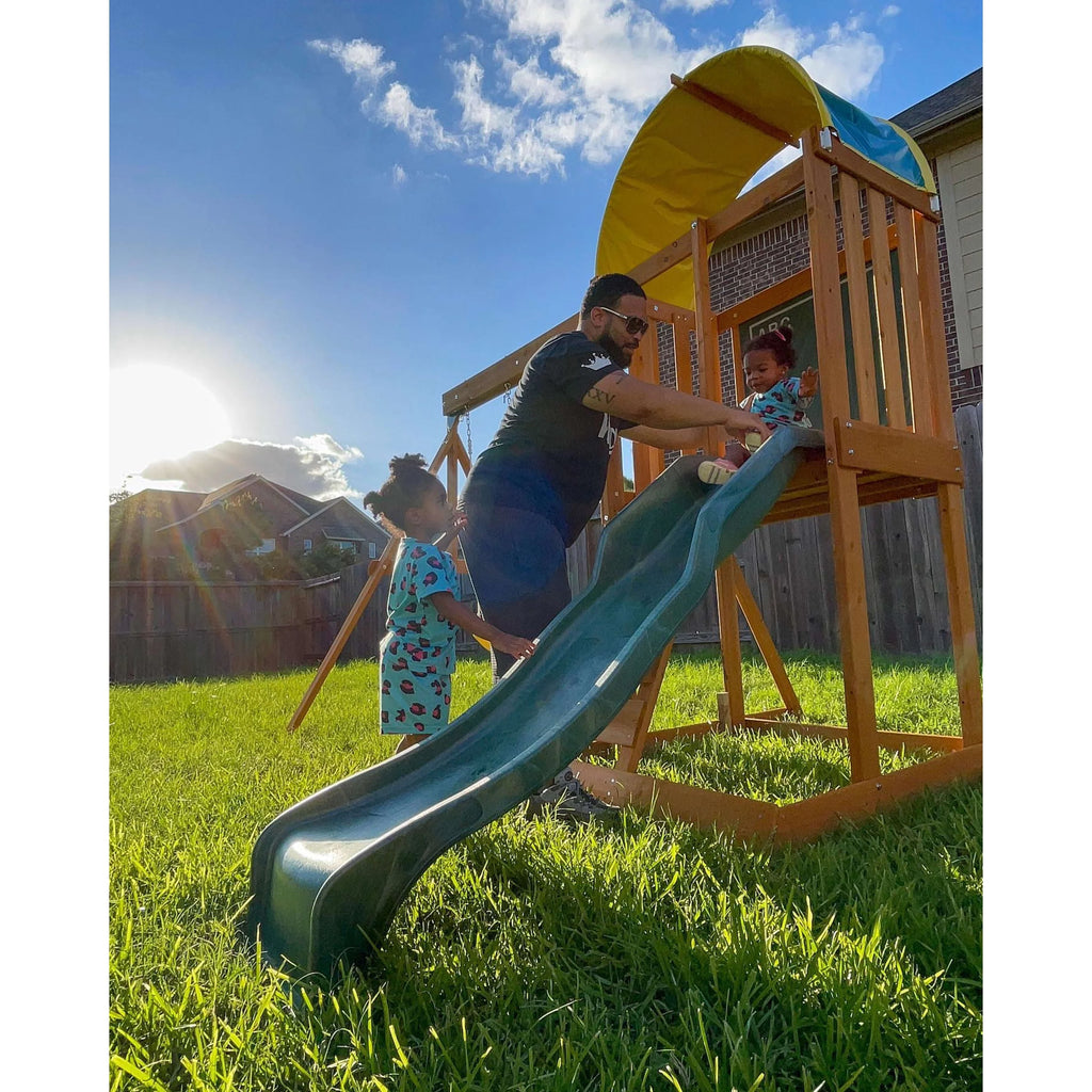 Wooden Outdoor Swing Set with Slide and Rock Wall W6342