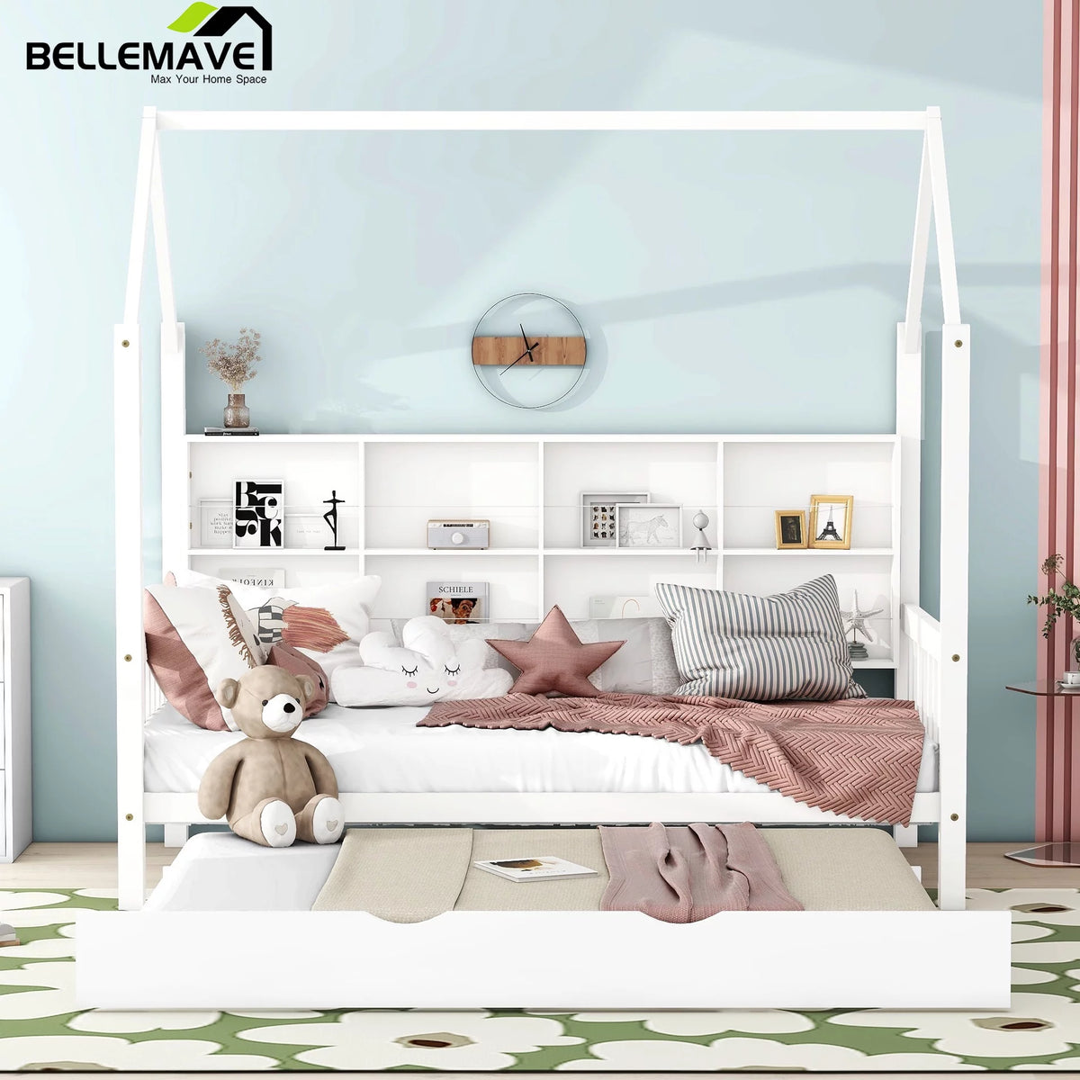 Twin Size Solid Wood House Bed with Trundle and Storage Shelves O31830