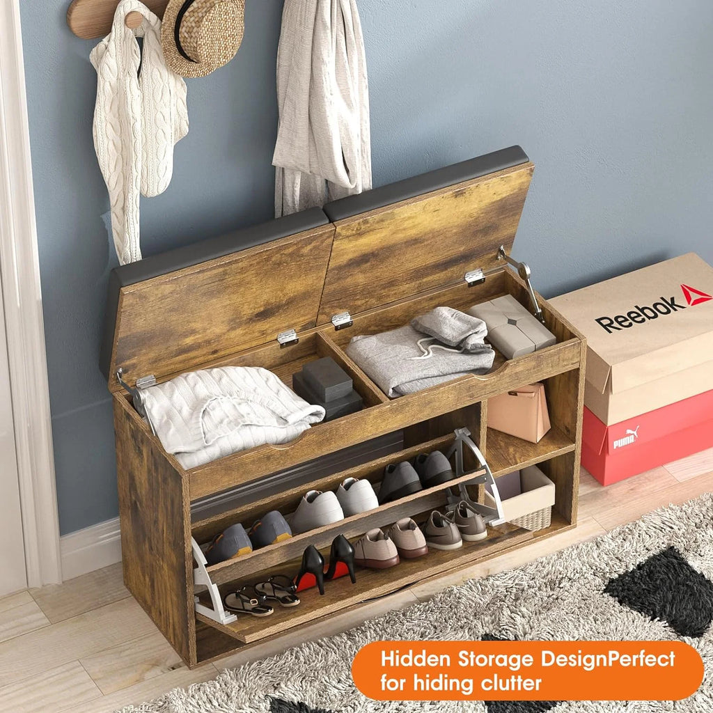 Rustic Brown Shoe Storage Bench with Flip Drawer O915640