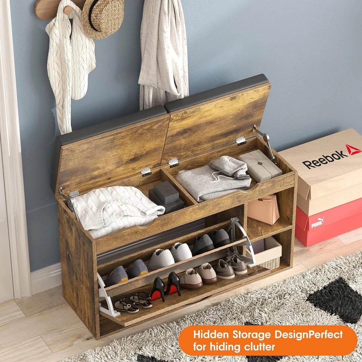 Rustic Brown Shoe Storage Bench with Flip Drawer O915640
