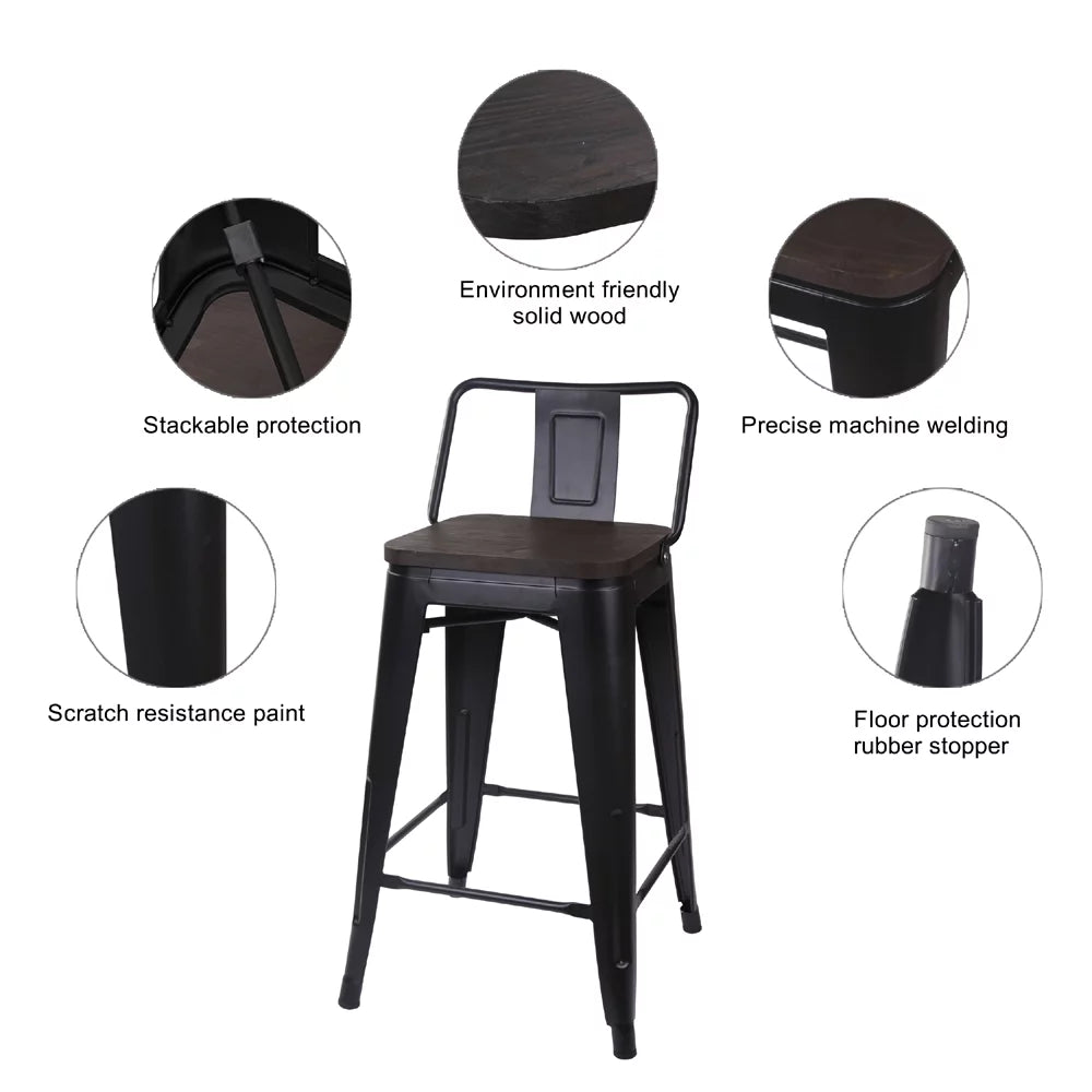 Black 24 inch Low Back Metal Barstool with Dark Wood Seat, Set of 4 B4439