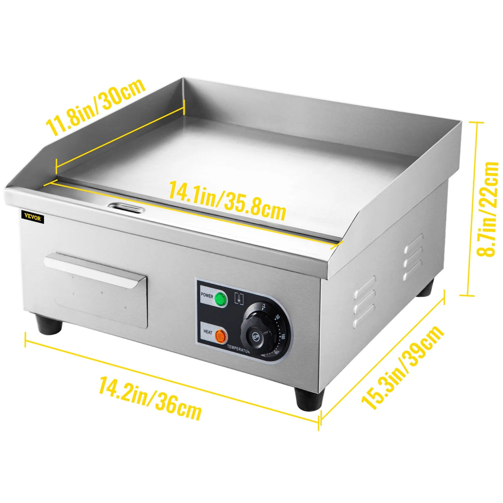 14" Electric Countertop Flat Top Griddle 1500W Non-Stick Stainless Steel S11594