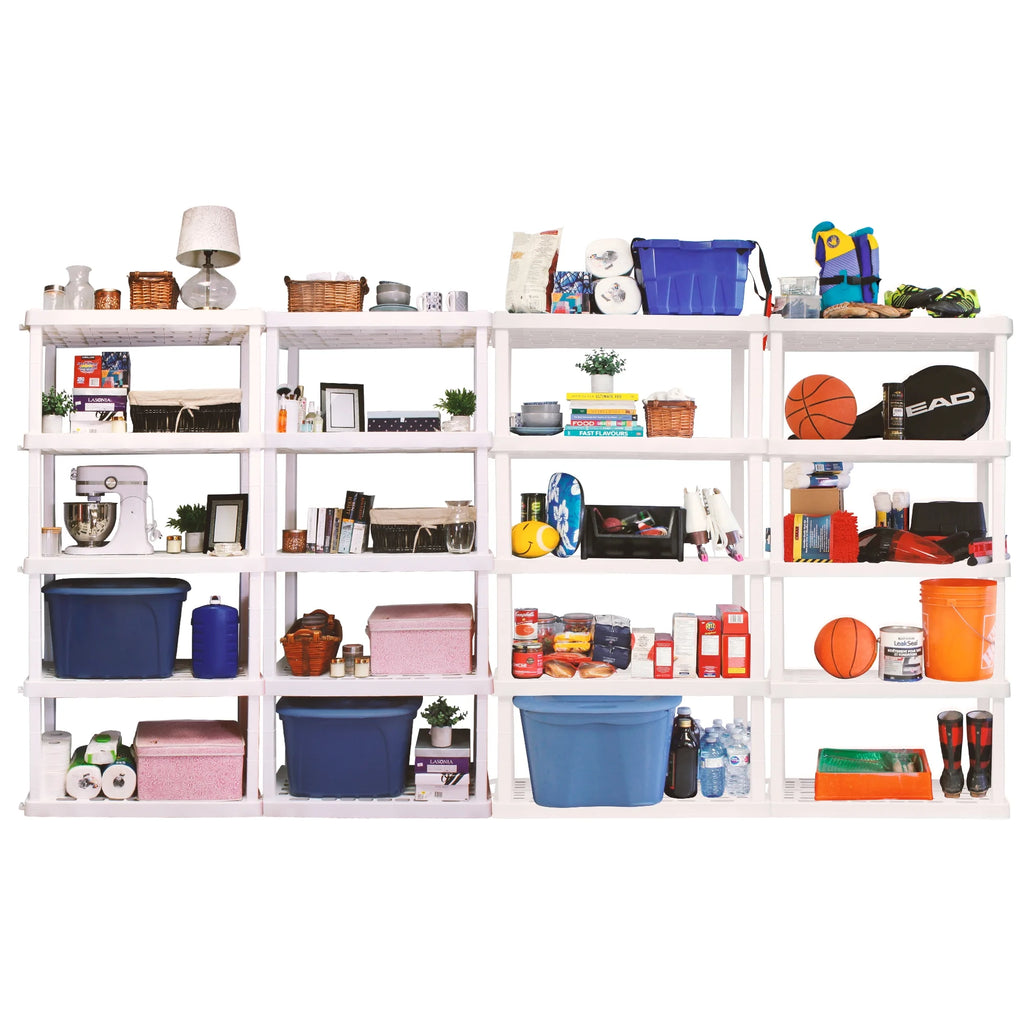5 Shelf Plastic Garage Shelves, Pack of 4, White 750 lbs Capacity D409300