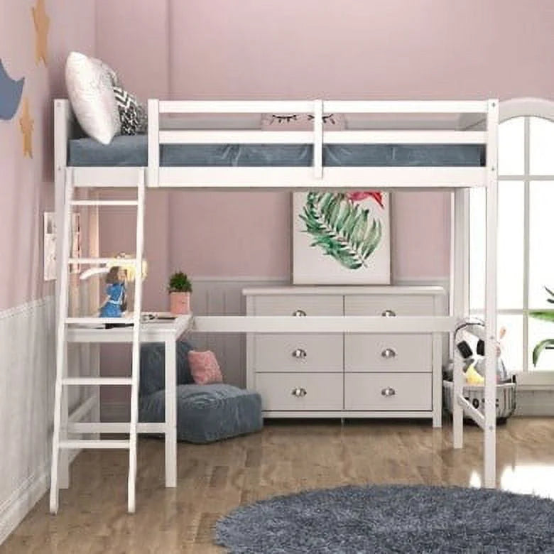 White Wood Twin Loft Bed with Desk J2167