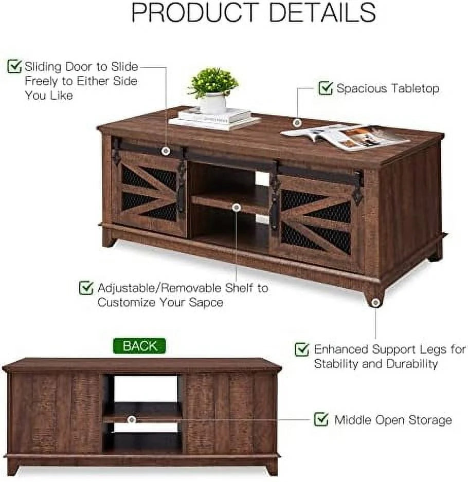 48'' Coffee Table with Electric Fireplace & Sliding Barn Doors S14785