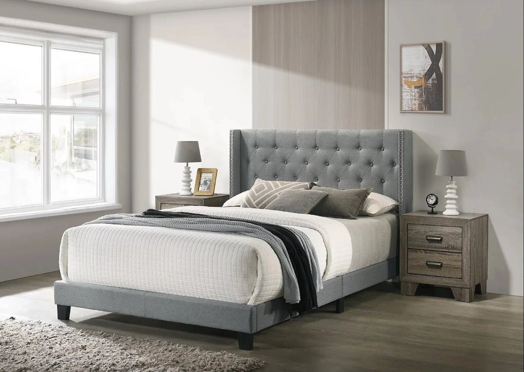 Gray Full Size Fabric Upholstered Panel Bed 2 Nightstand Set J10723