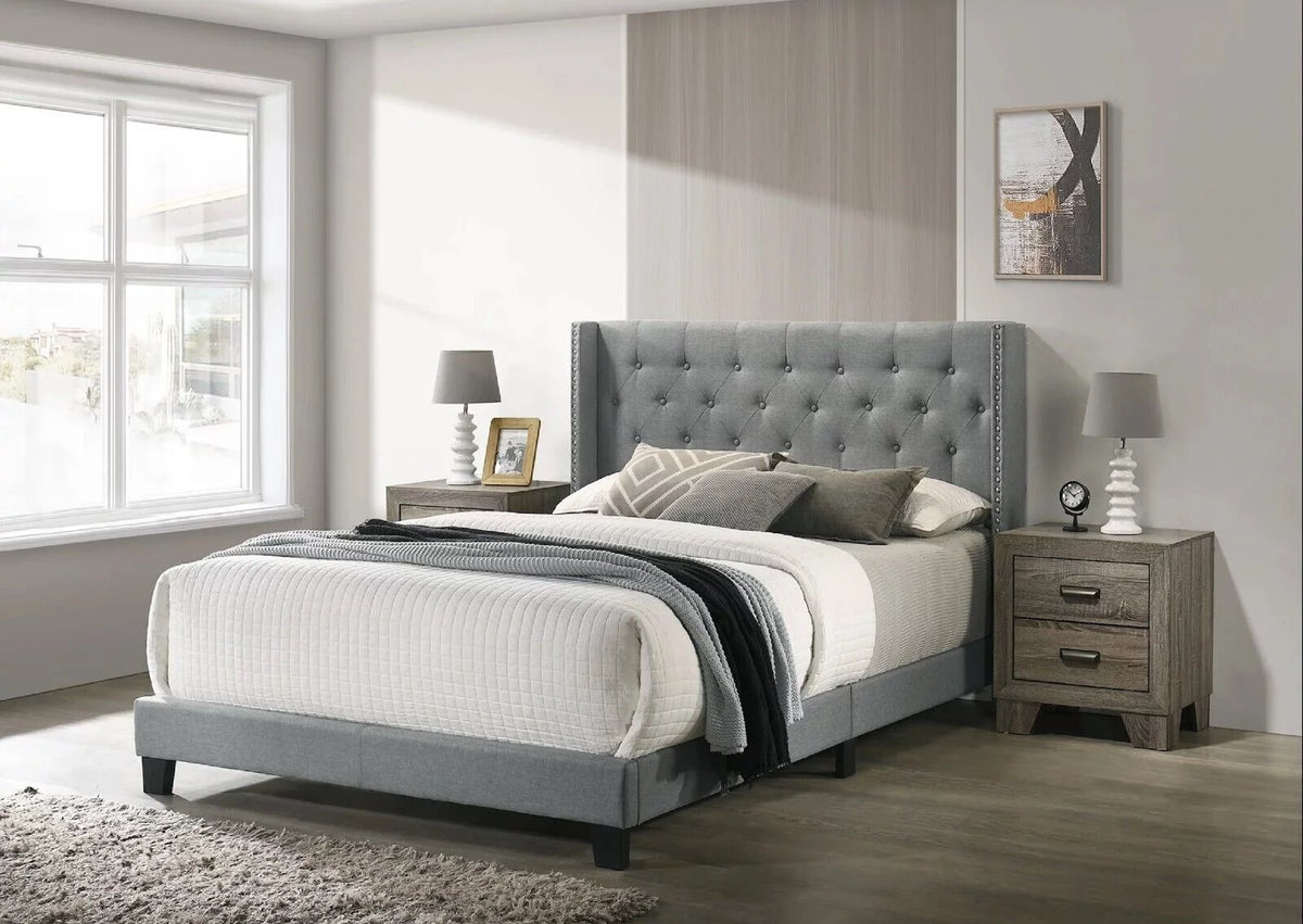 Gray Full Size Fabric Upholstered Panel Bed 2 Nightstand Set J10723