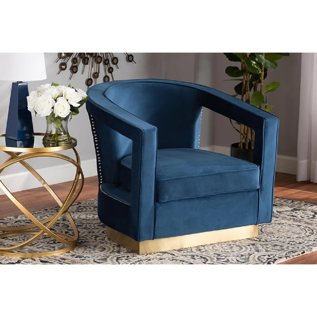Navy Blue Velvet Fabric Upholstered Gold Finished Metal Armchair R24604