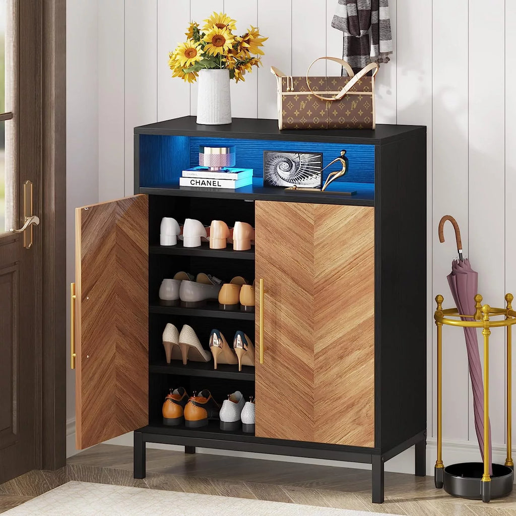 Brown 5-Tier Shoe Cabinet with Doors and Shelves J6505