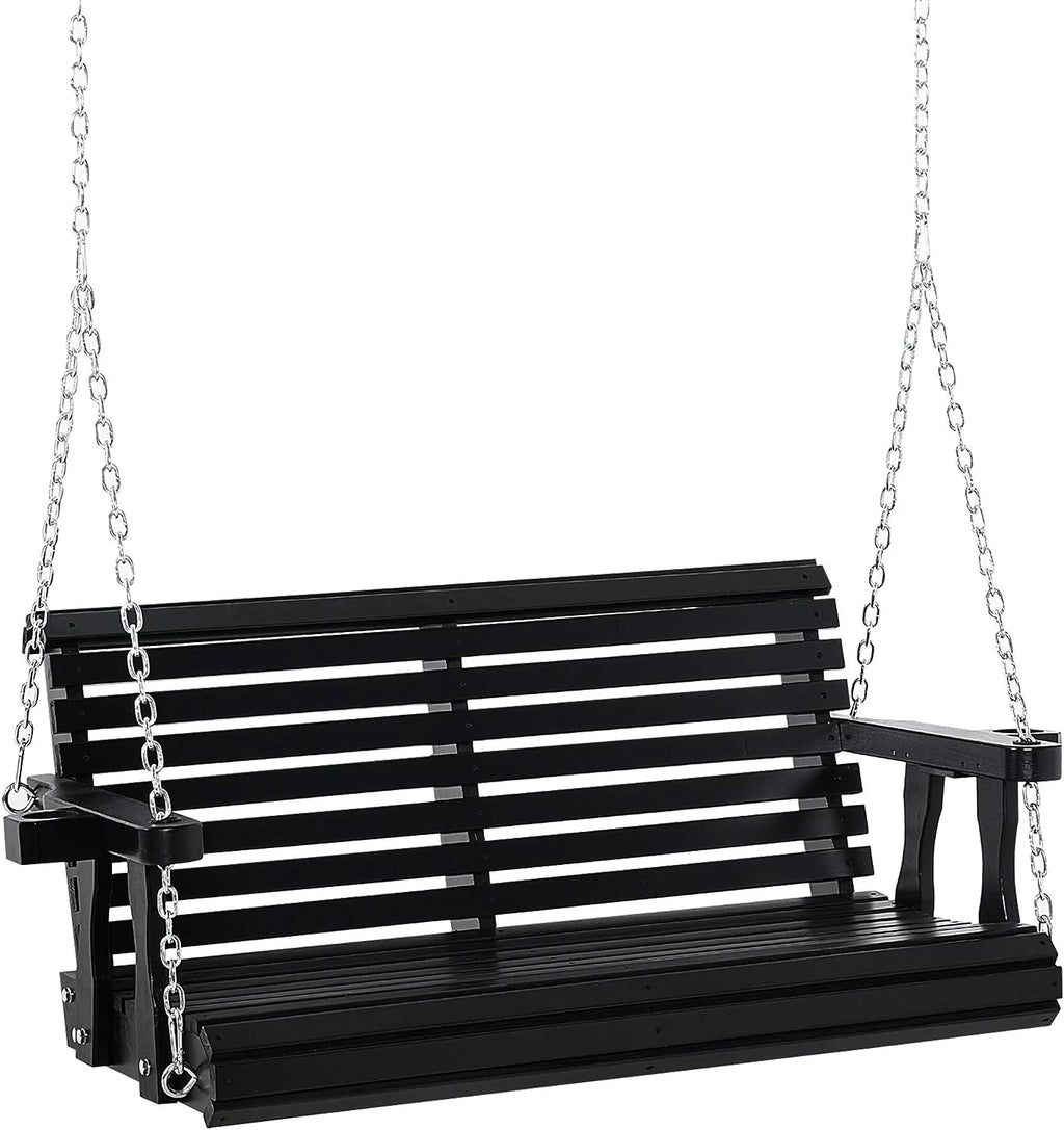 Black 2 Person Wooden Porch Swing with Chains and Cupholders K305