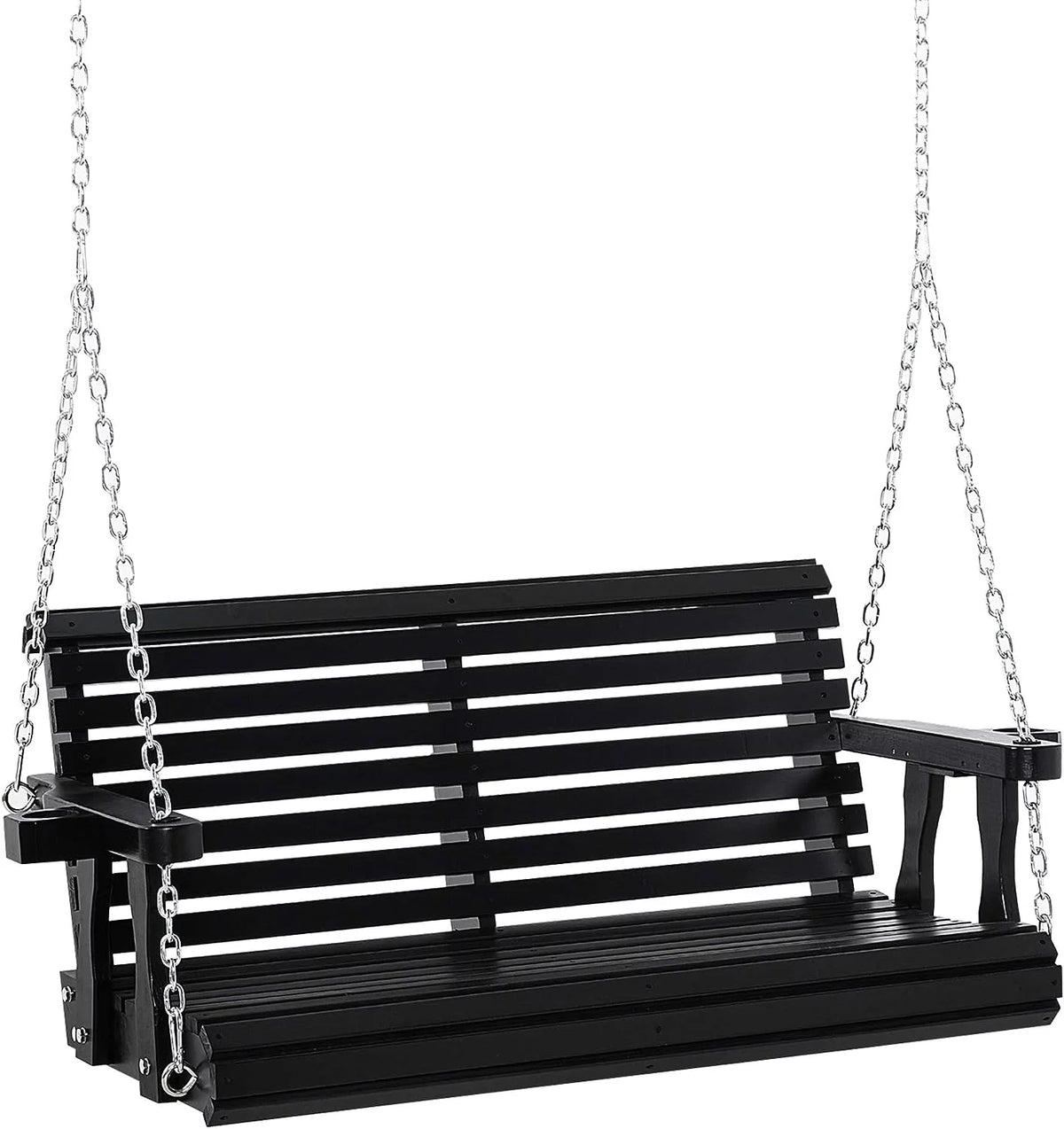 Black 2 Person Wooden Porch Swing with Chains and Cupholders K305