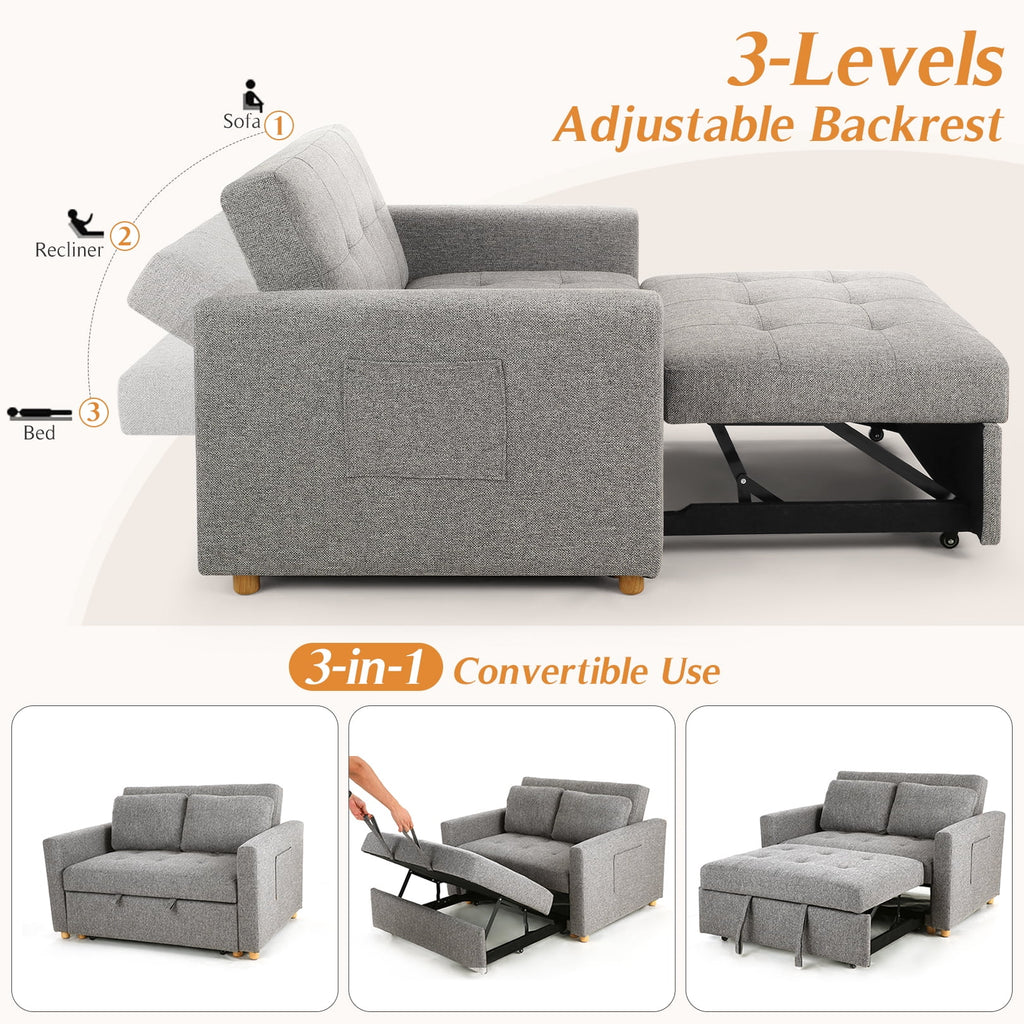 Gray Linen Convertible Sleeper Sofa Bed J481364