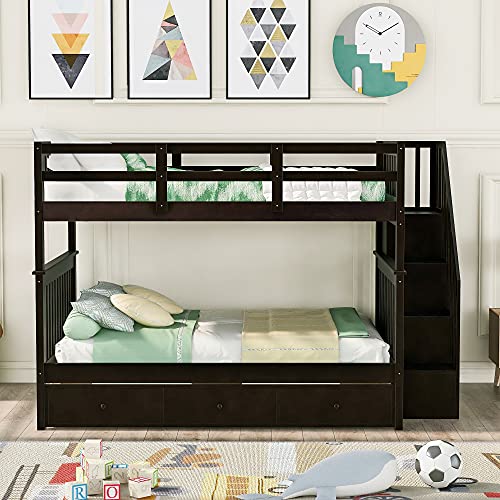 White Twin Over Twin Solid Wood Bunk Bed with Trundle Q298038