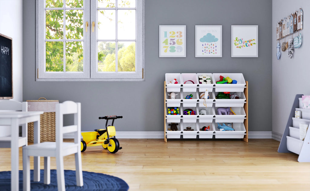 Kids Wood Toy Storage Organizer with 16 White Plastic Bins W919394