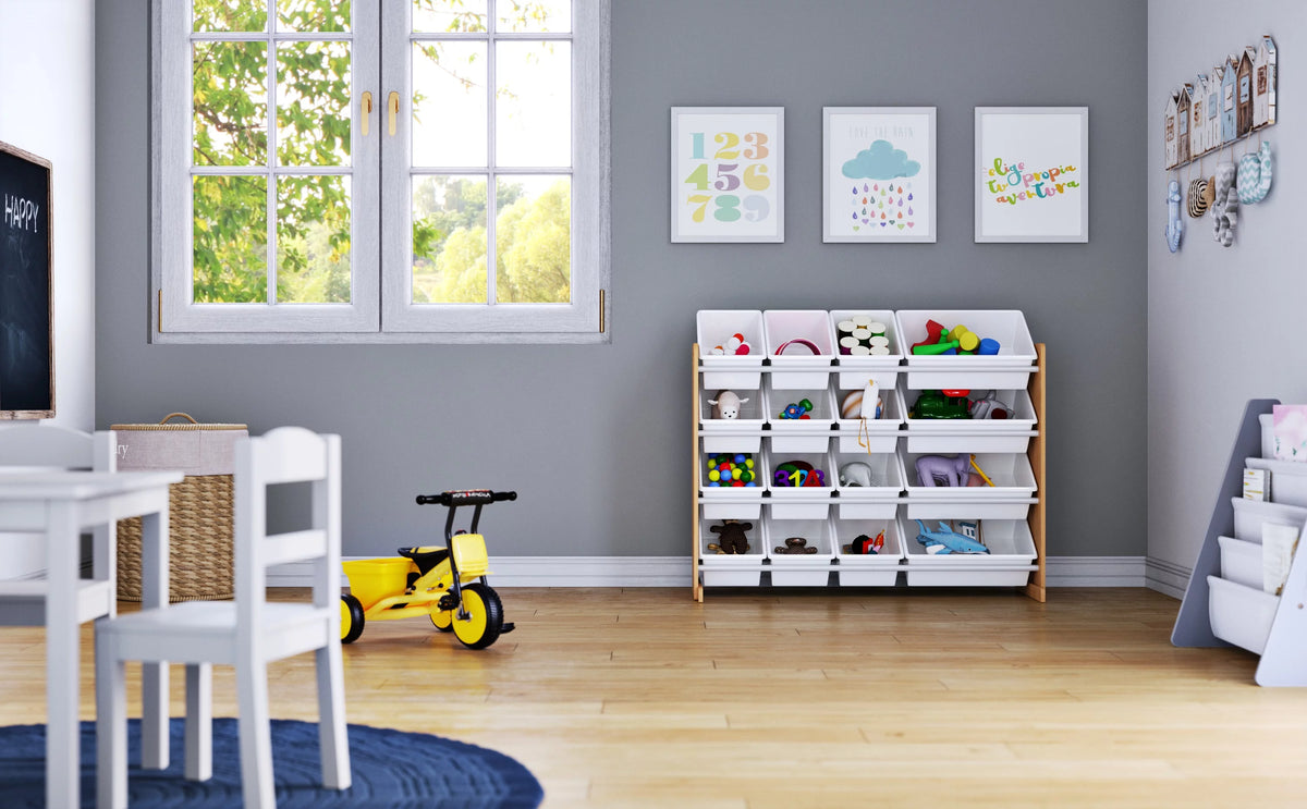 Kids Wood Toy Storage Organizer with 16 White Plastic Bins W919394