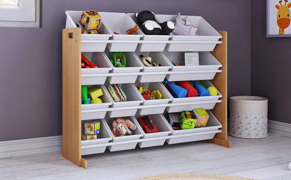 Kids Wood Toy Storage Organizer with 16 White Plastic Bins W919394