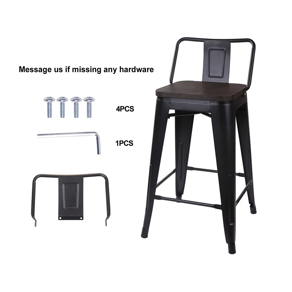 Black 24 inch Low Back Metal Barstool with Dark Wood Seat, Set of 4 B4439