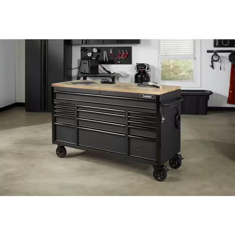 Heavy Duty 15-Drawer Mobile Workbench Tool Chest with Solid Wood Top in Matte Black C2405