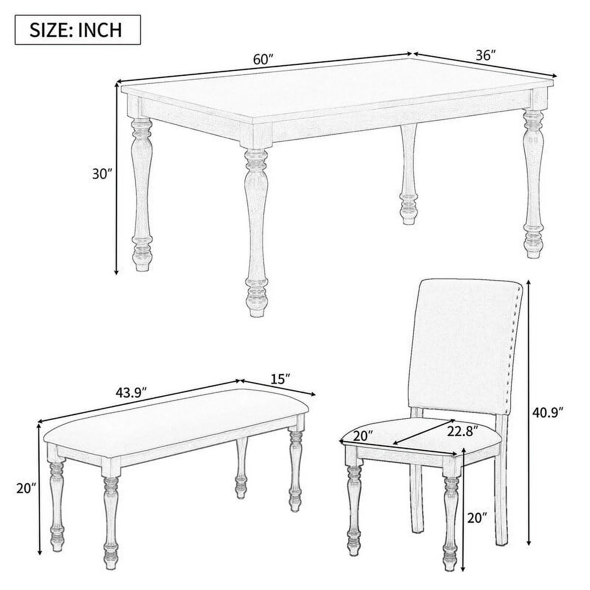 6 Piece Dining Table Set with Wooden Table 4 Upholstered Chairs and Bench U1716