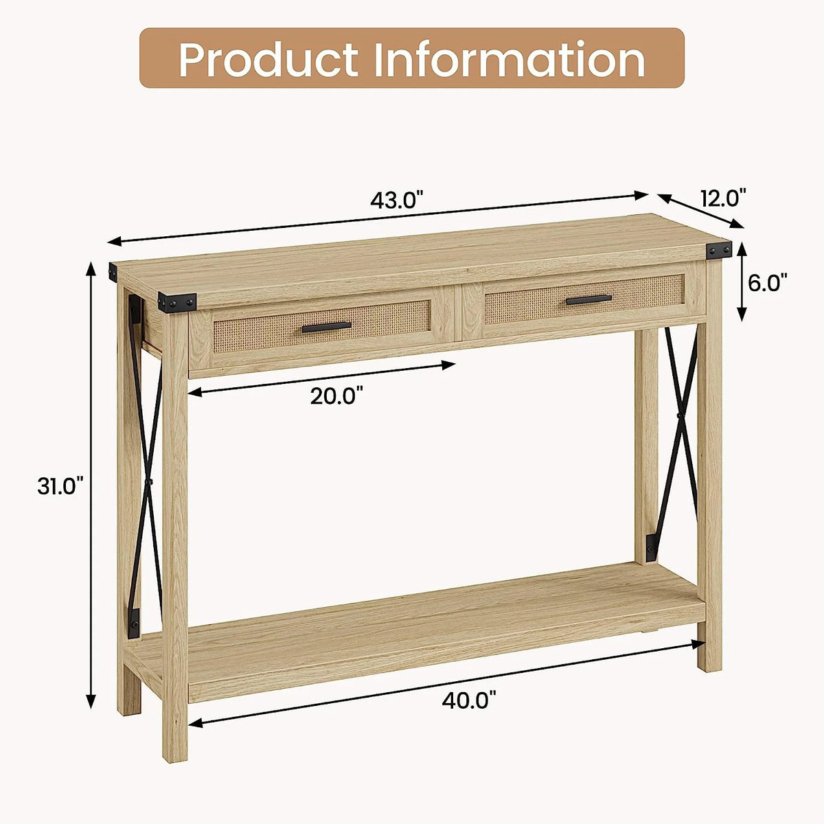 43" Console Table with Rattan Drawers N2943