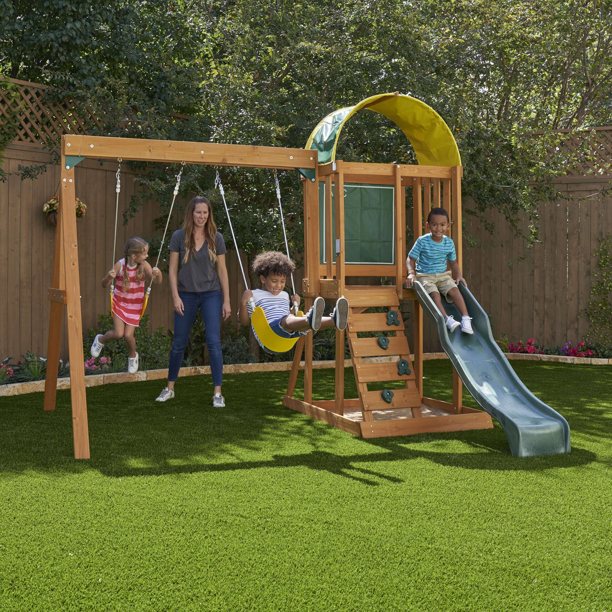 Wooden Outdoor Swing Set with Slide and Rock Wall W6342