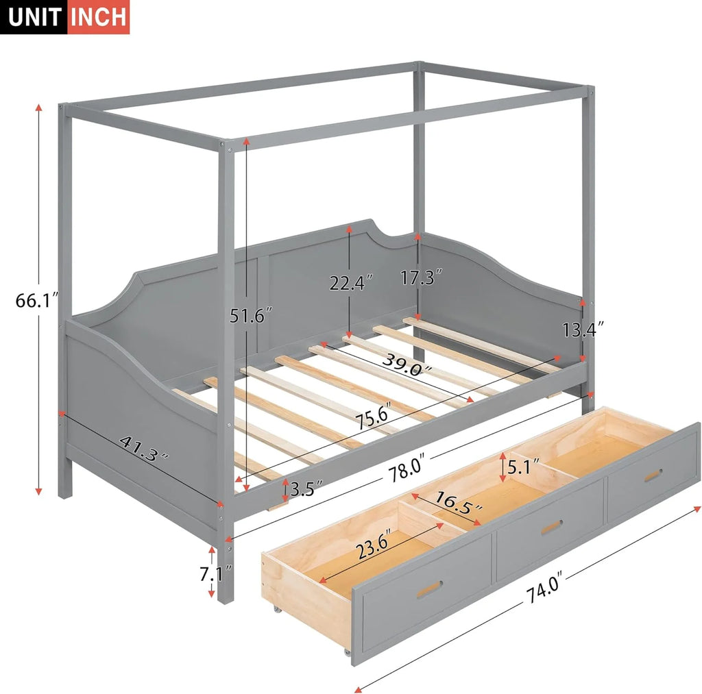 Gray Wood Canopy Bed with Storage and 3 Drawers S34548
