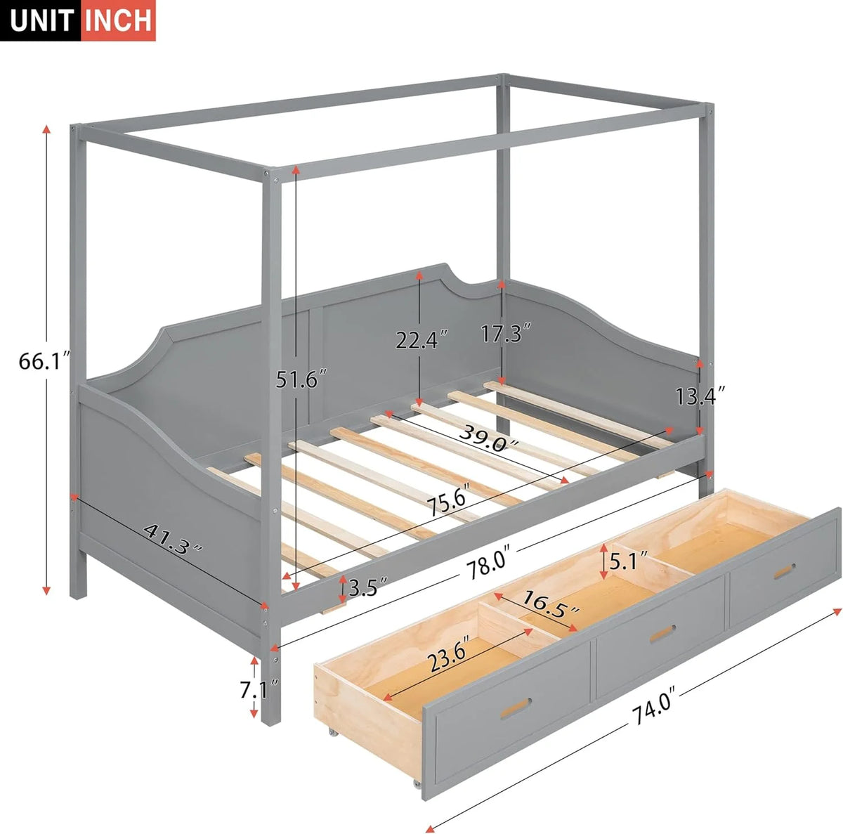 Gray Wood Canopy Bed with Storage and 3 Drawers S34548