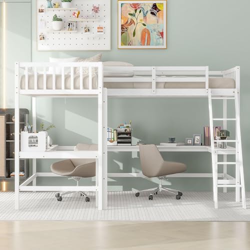 White L-Shaped Wood Twin Size Loft Bed with Desk and Ladder V35515