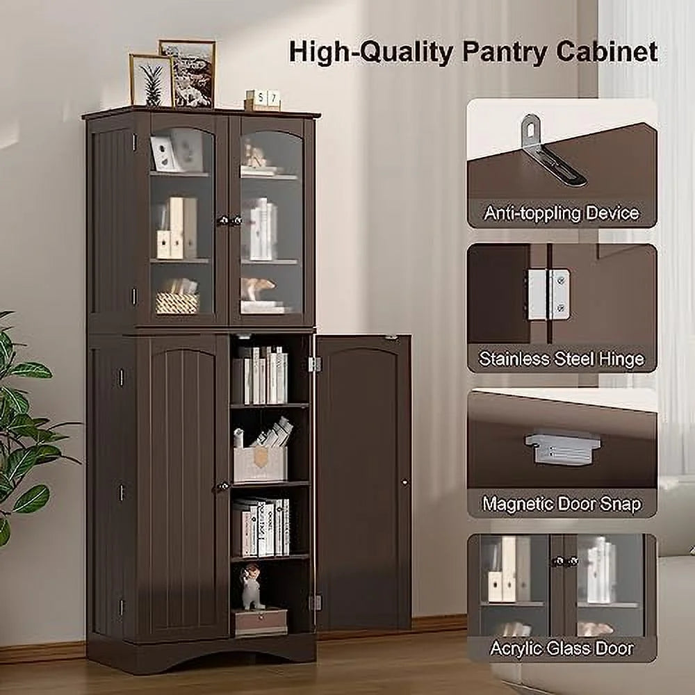 64" Kitchen Pantry Cabinet with Glass Doors and Adjustable Shelves L293