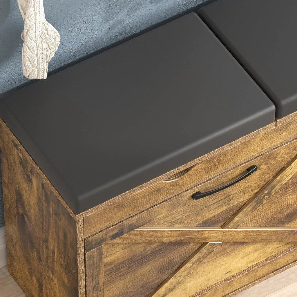 Rustic Brown Shoe Storage Bench with Flip Drawer O915640