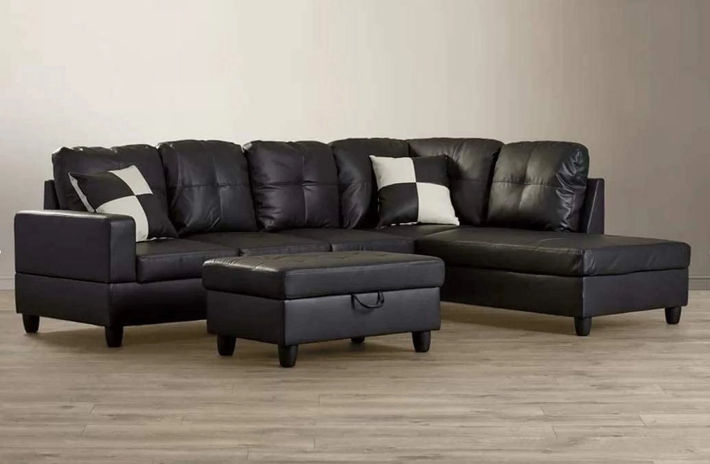 L-Shape Faux Leather Sectional Sofa with Chaise and Ottoman V953