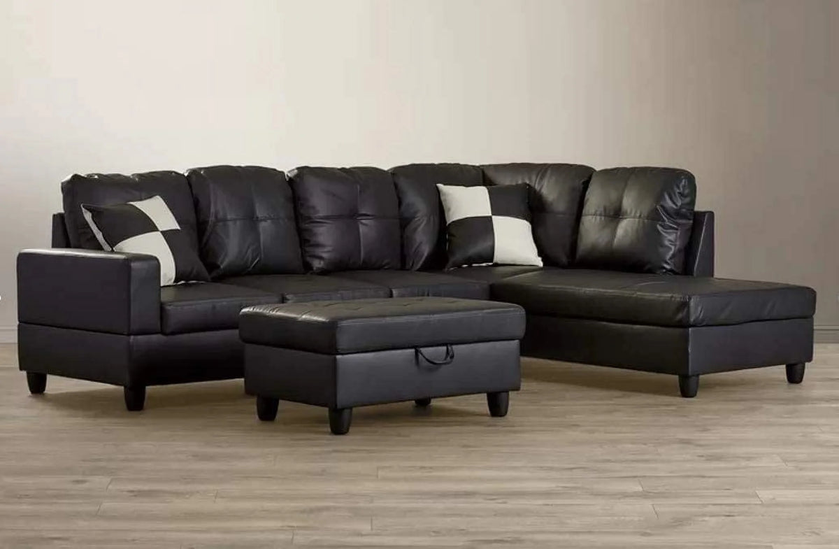 L-Shape Faux Leather Sectional Sofa with Chaise and Ottoman V953