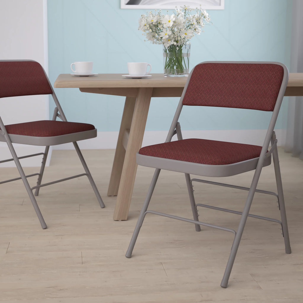 Burgundy Patterned Fabric Metal Folding Chair B102