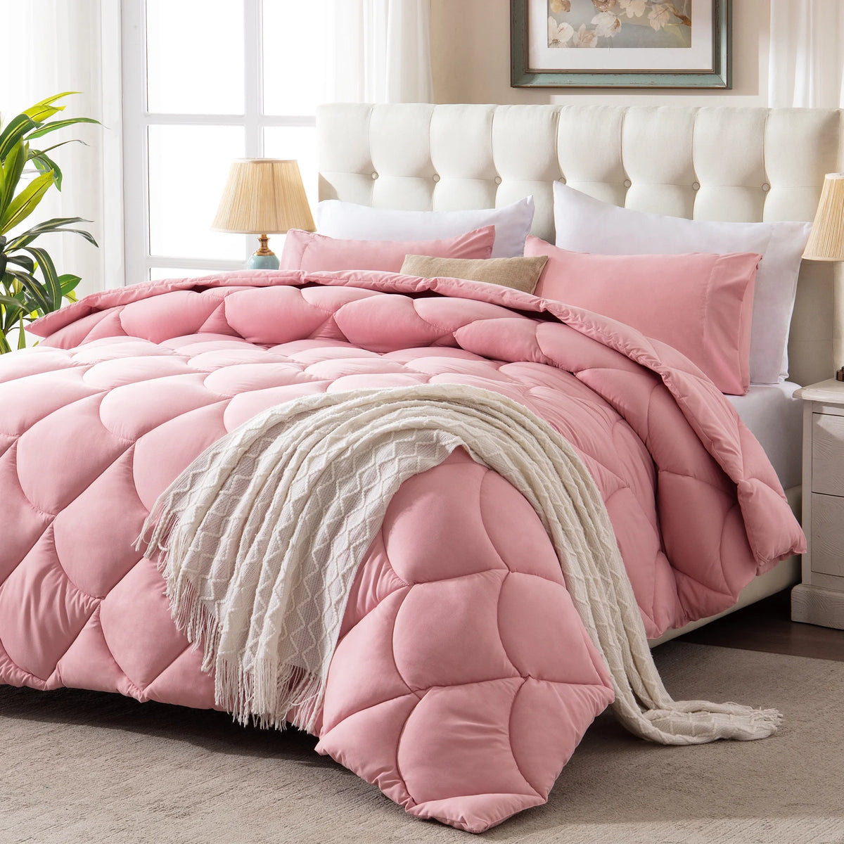 3 Pieces Reversible California King Pink Comforter Set V37271