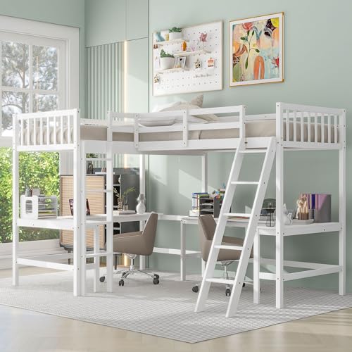 White L-Shaped Wood Twin Size Loft Bed with Desk and Ladder V35515