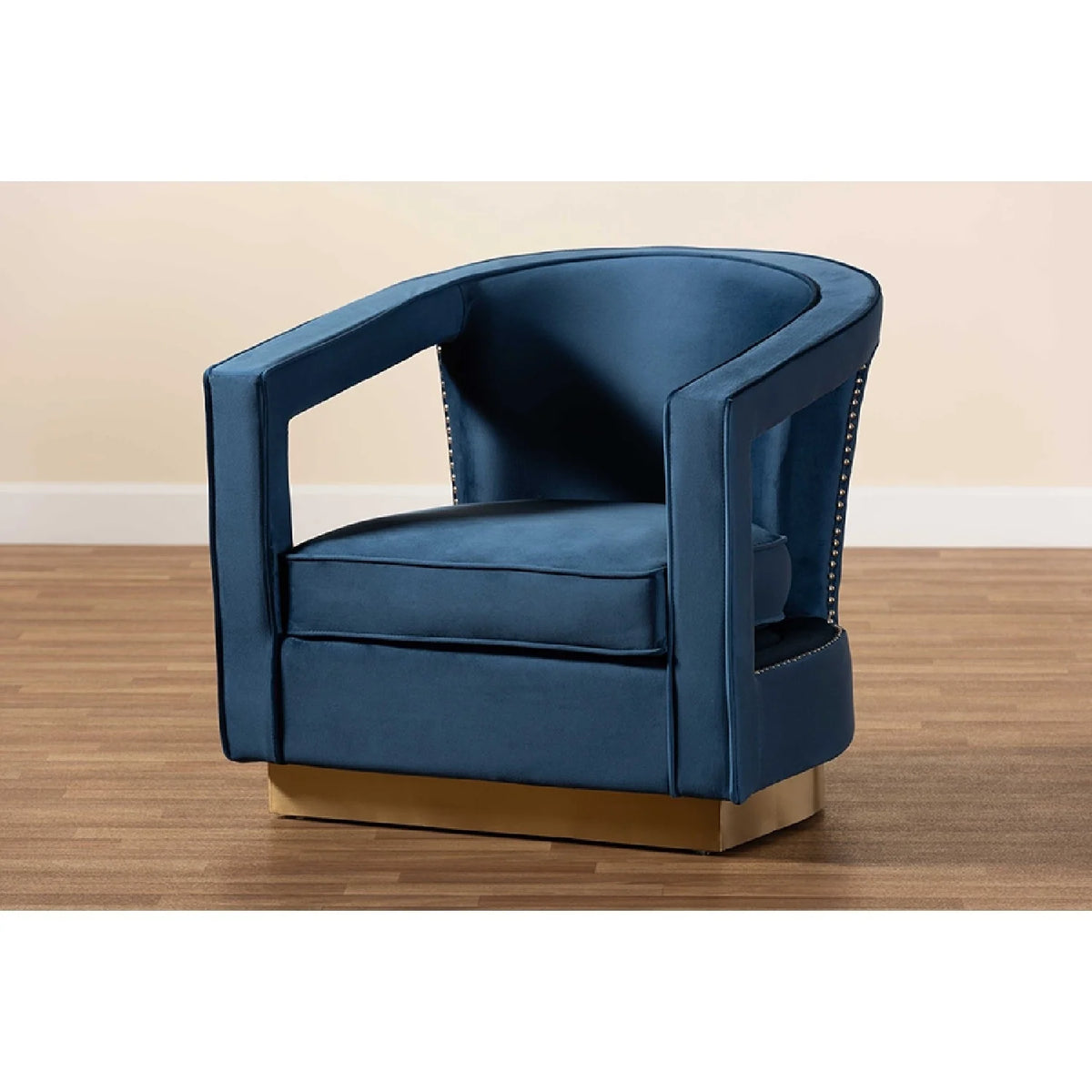 Navy Blue Velvet Fabric Upholstered Gold Finished Metal Armchair R24604