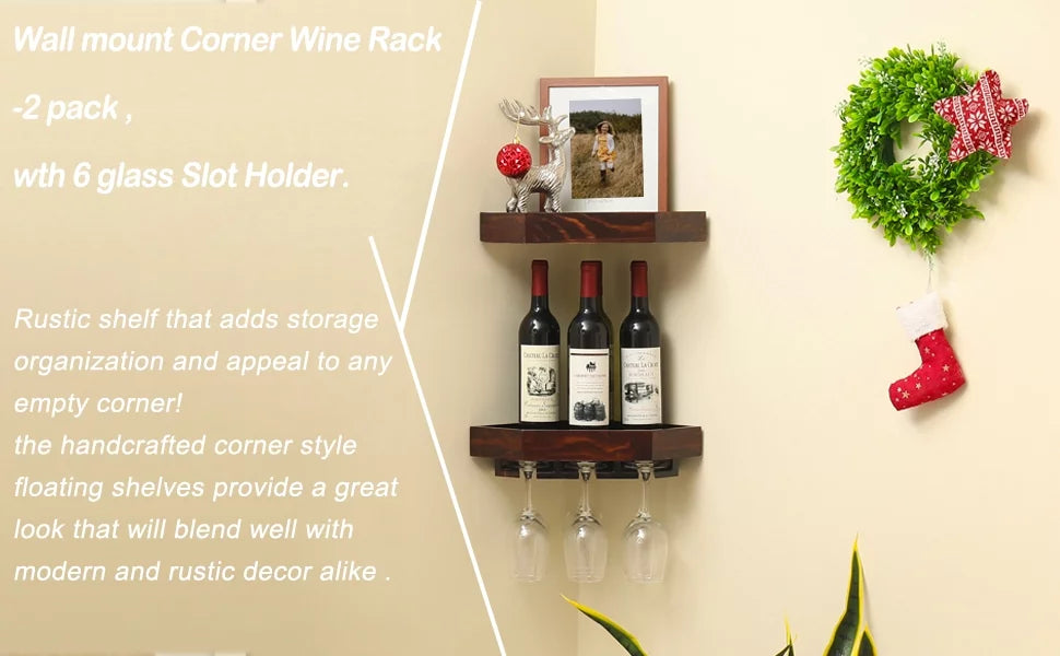 Rustic Wood Corner Floating Shelves Wine Rack 2 Pack F6835