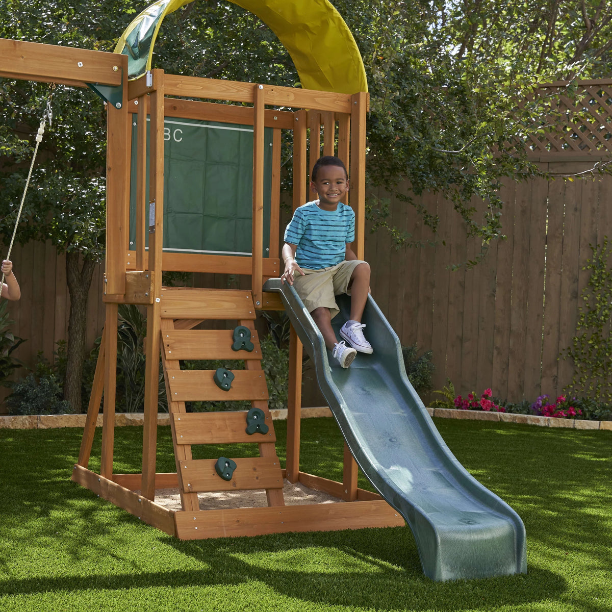 Wooden Outdoor Swing Set with Slide and Rock Wall W6342