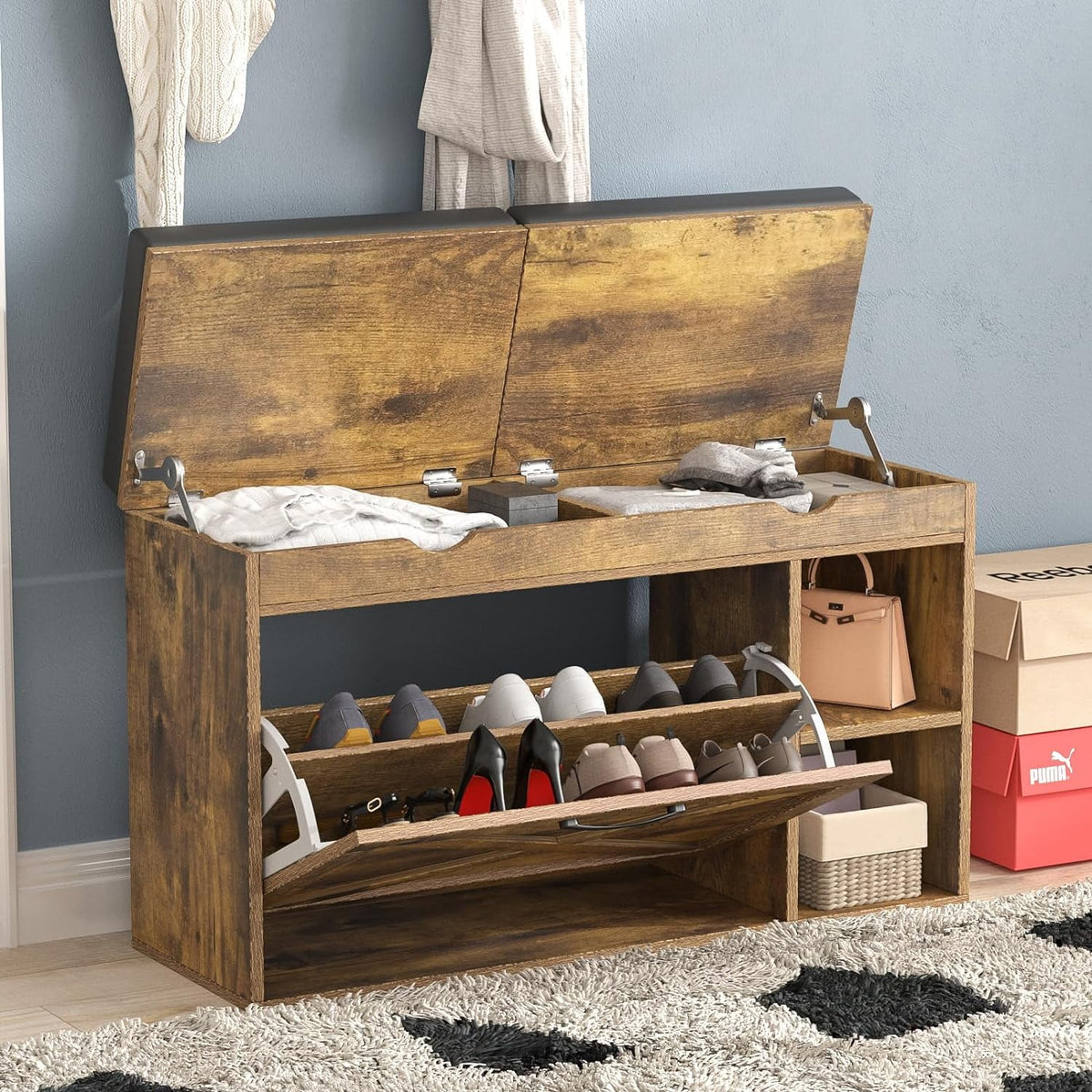Rustic Brown Shoe Storage Bench with Flip Drawer O915640