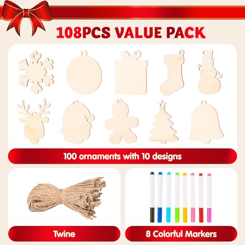 100 Pcs Unfinished Wood Ornaments with 8 Watercolor Pens N6219
