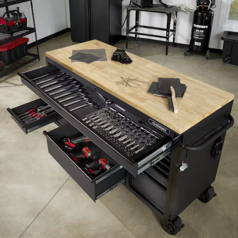 Heavy Duty 15-Drawer Mobile Workbench Tool Chest with Solid Wood Top in Matte Black C2405