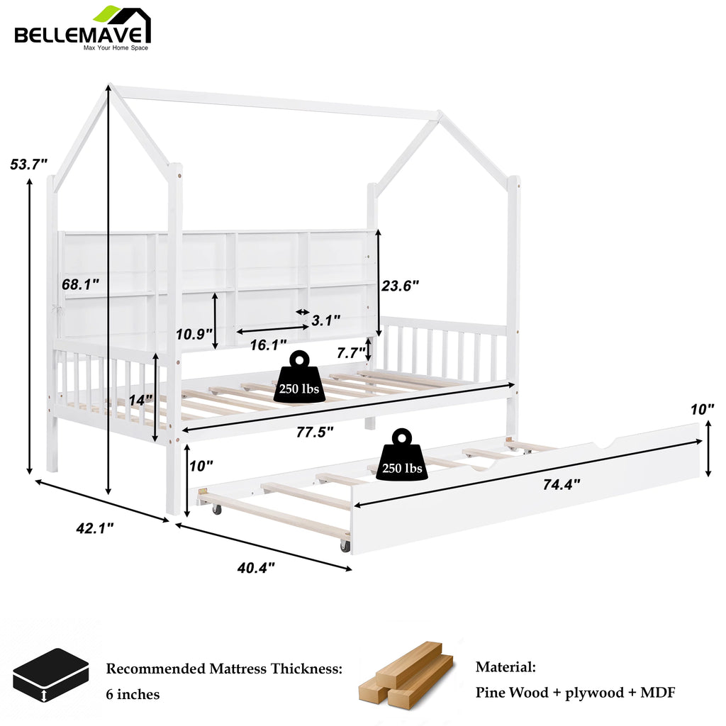 Twin Size Solid Wood House Bed with Trundle and Storage Shelves O31830